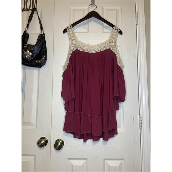 Jodifl Boho Sleeveless Blouse Size L Crochet Lace Trim Burgundy Ruffle Hem Top - Picture 6 of 6